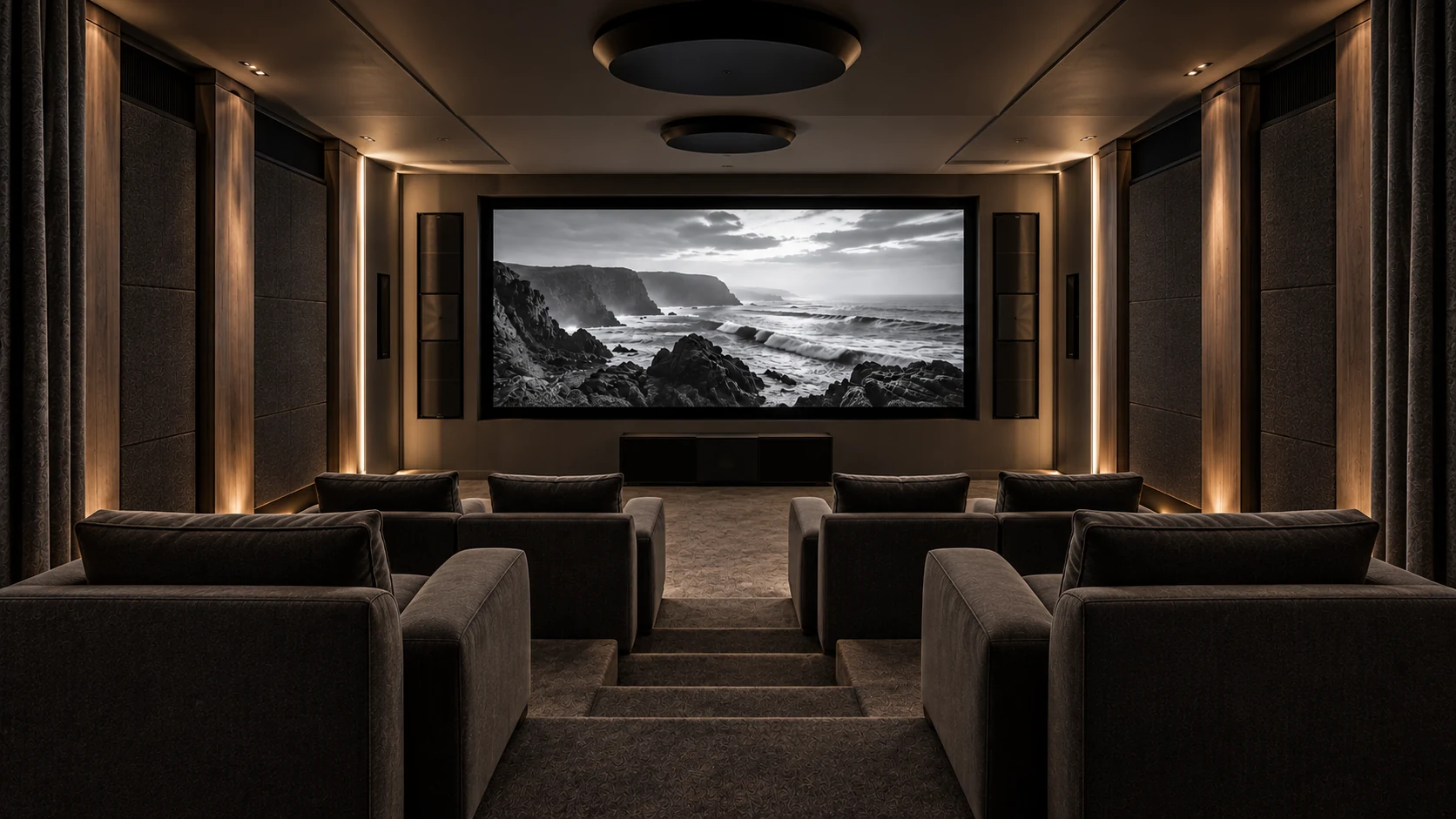 Sala de cine exclusiva en grafito y madera oscura, con butacas traseras elevadas, pasillo central y pantalla de gran formato