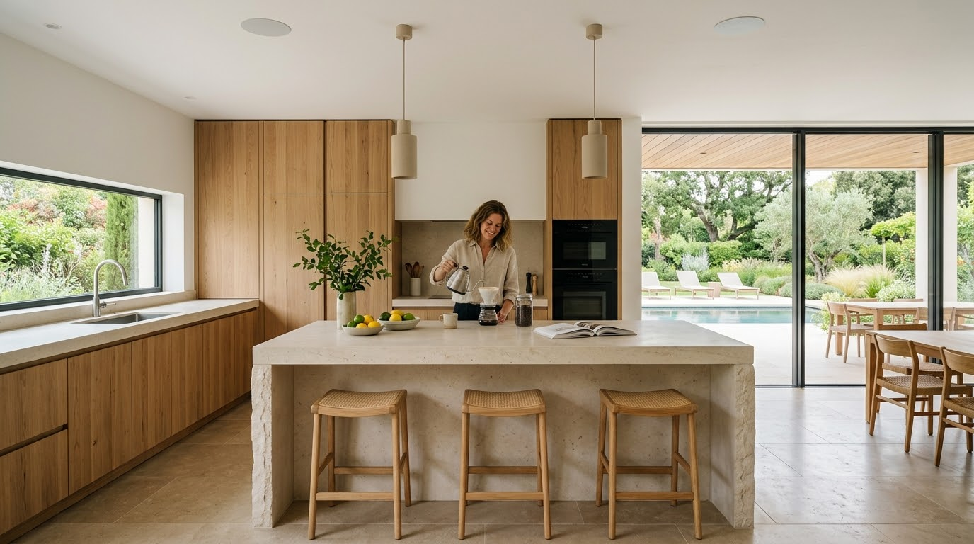 Cocina con isla de piedra y una mujer preparando café frente al jardín
