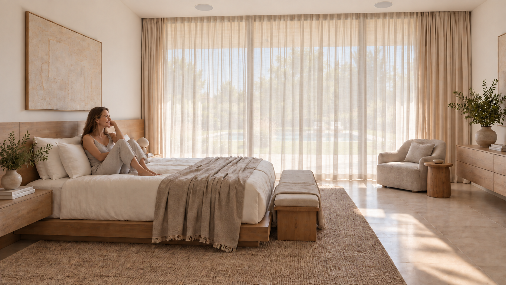 Una mujer escucha música sentada en la cama, integrada a la escala de una suite abierta al jardín