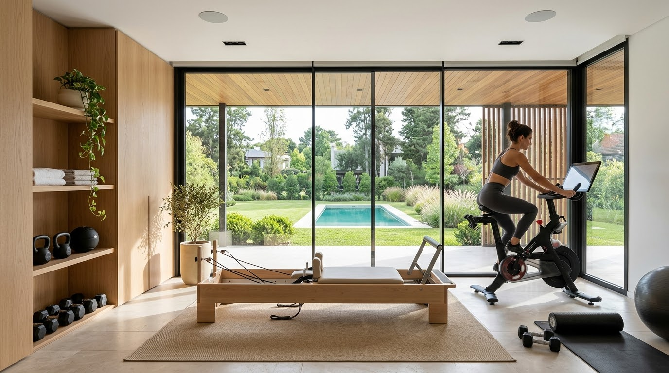 Gimnasio con reformer de madera y una mujer entrenando en bicicleta frente al jardín