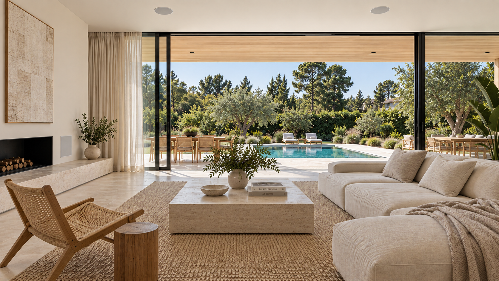 Living de piedra clara y roble, conectado con la galería y el jardín