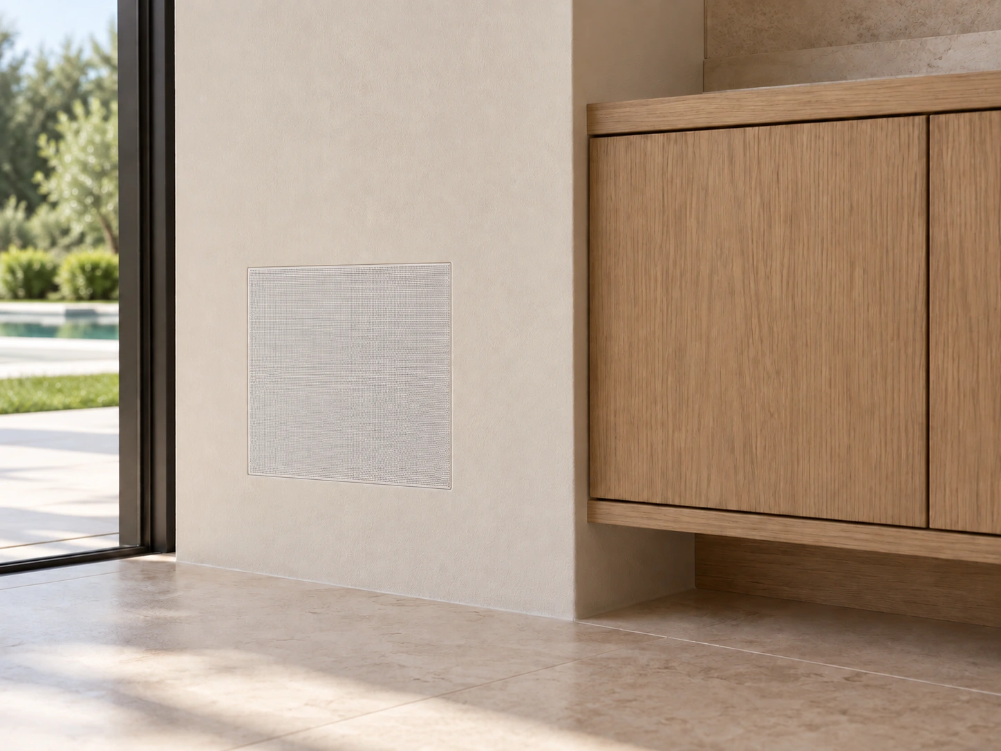 Detalle de una rejilla blanca sin marco, enrasada en una pared terminada