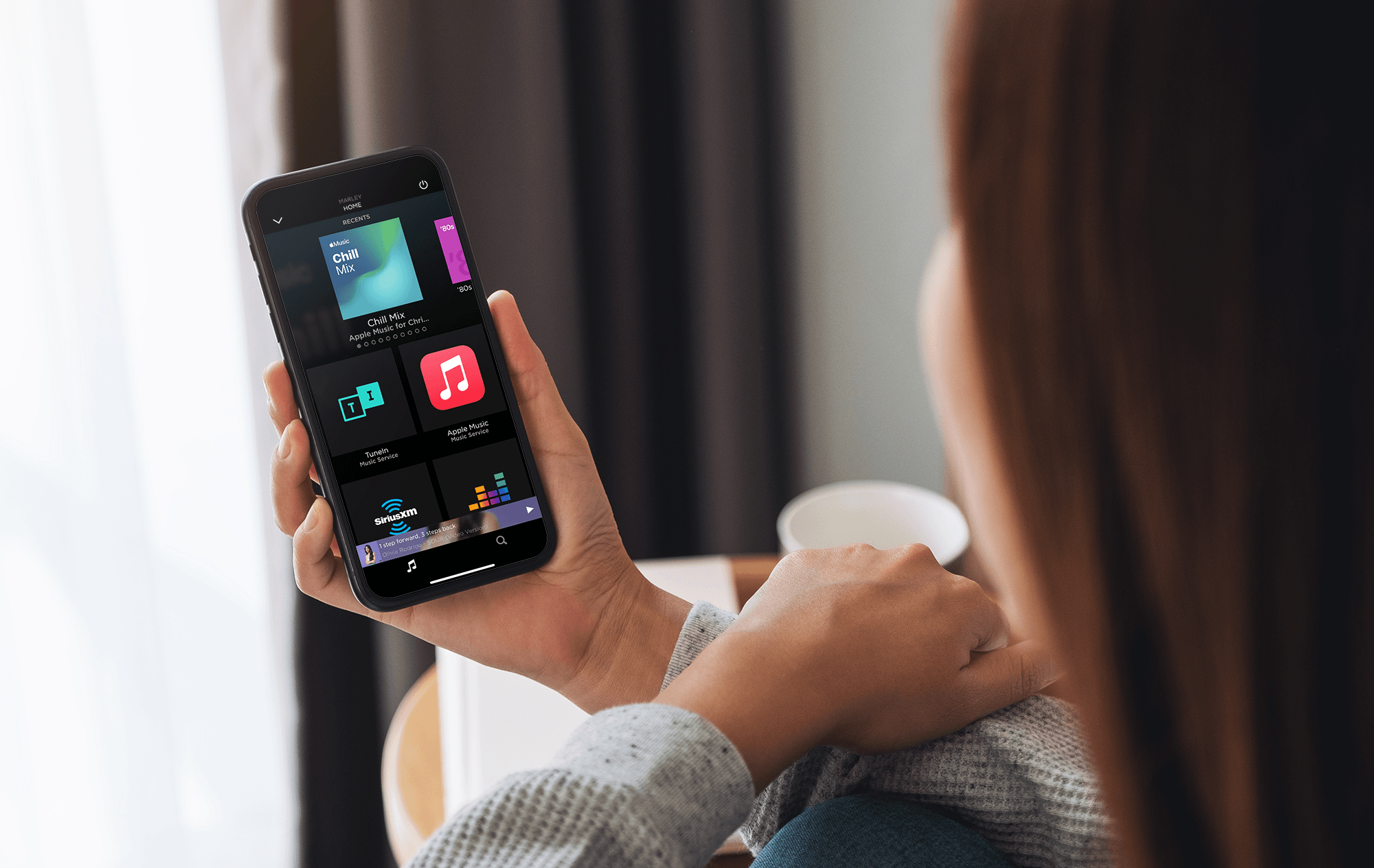 Panel personalizado de Savant Music con favoritos, servicios y playlists