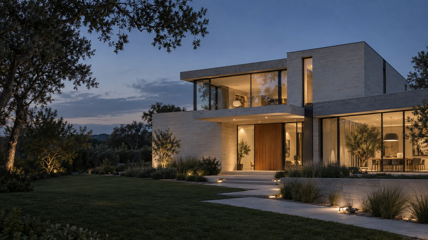 Residencia contemporánea al anochecer, con acceso y jardín integrados a la arquitectura