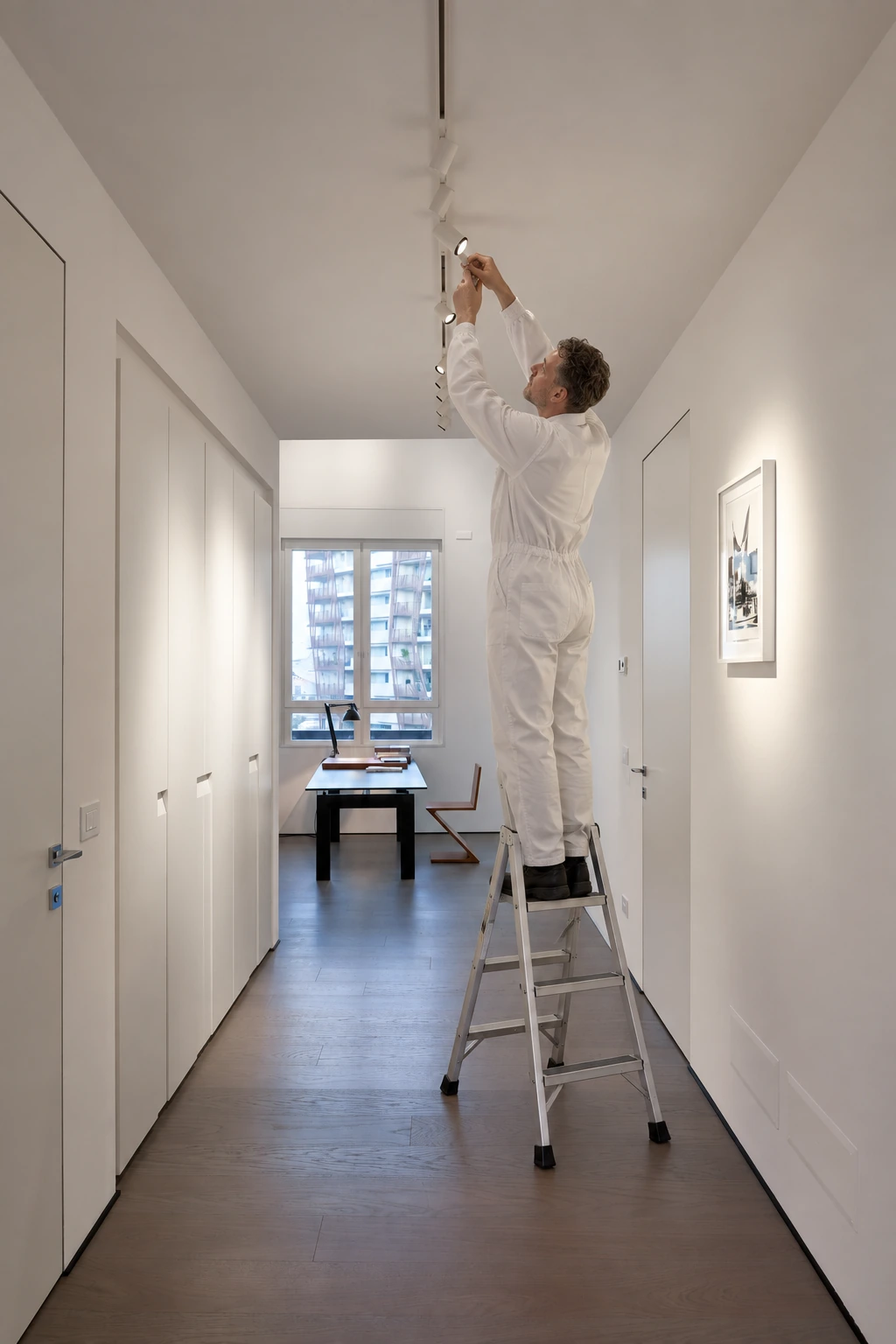 Un profesional vestido de blanco orienta desde una escalera el proyector de techo hacia un cuadro.